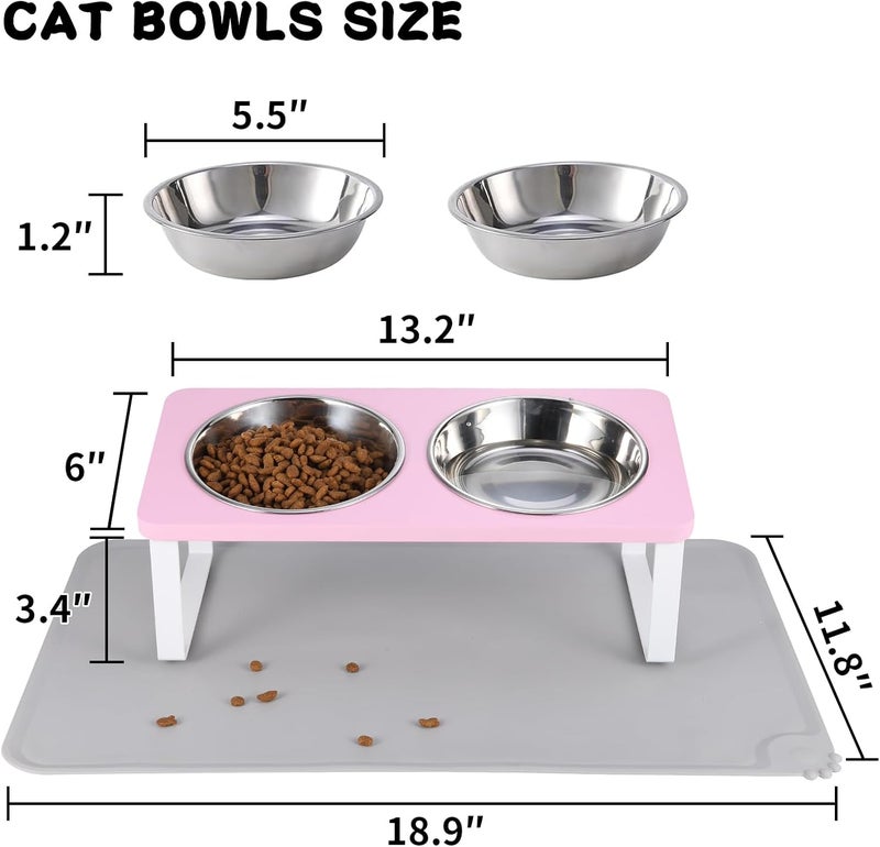 Summark Upgraded Elevated Cat Bowls with Food Mat,15°Tilted Stand Anti Vomiting Raised Cat Dishes for Food and Water,2 Stainless Steel Bowls for Cats and Puppy（Pink） - Image 5